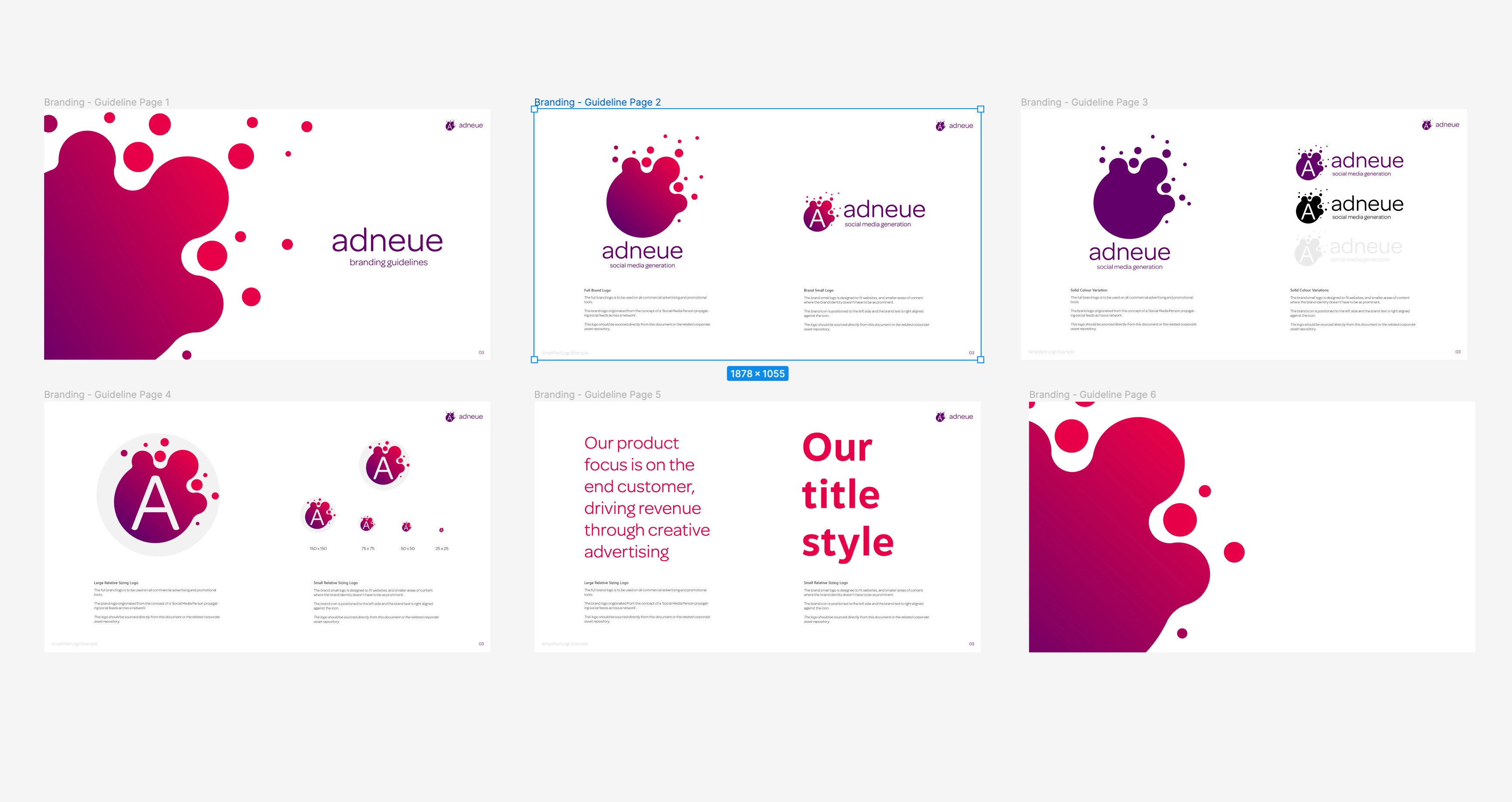 Adneue branding guidelines, all 6 pages shown together